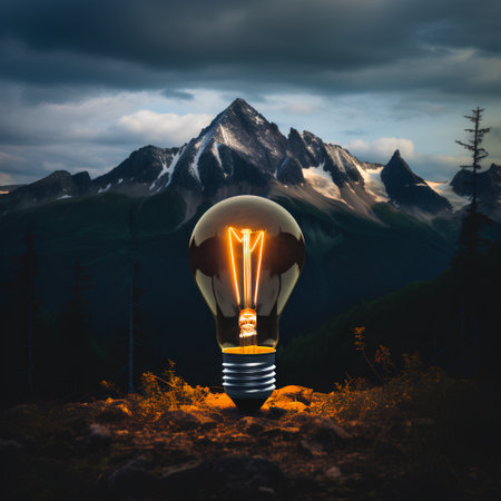 Light bulb glowing in the middle of the forest with mountains in the backgroundの素材