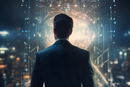 Back view of businessman looking at abstract glowing HUD interface. Technology conceptの素材