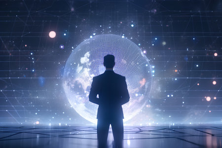 Silhouette of businessman looking at hologram globe. Technology conceptの素材