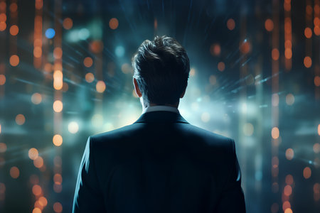 Back view of young businessman looking at abstract glowing dots on dark backgroundの素材