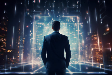 Businessman standing with back and looking at night city. Future conceptの素材