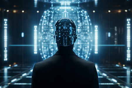 3d rendering artificial intelligence concept: robot head in futuristic cyberspaceの素材