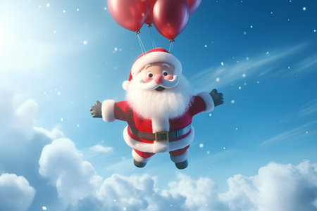 Santa Claus flying in the sky with red balloons. 3d illustrationの素材