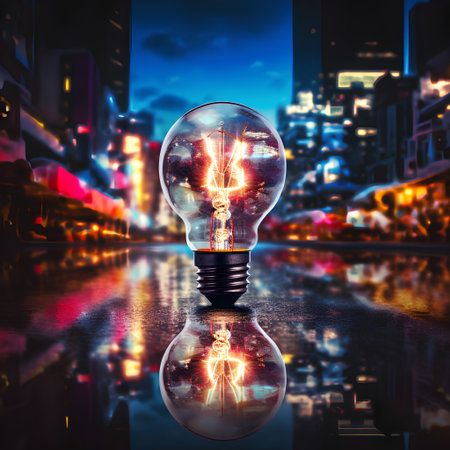 Glowing light bulb on abstract night city background. 3D renderingの素材