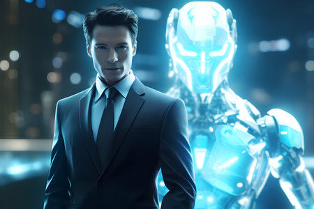 Portrait of a handsome young man in a suit standing against a futuristic background. 3D rendering.の素材