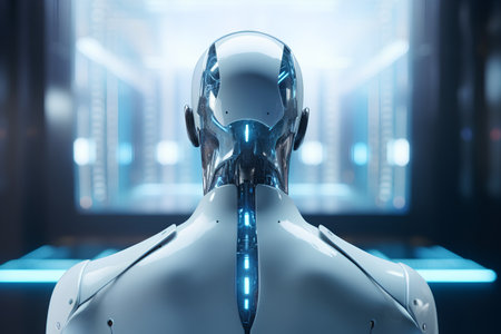 3d rendering humanoid robot or cyborg with circuit board in backgroundの素材
