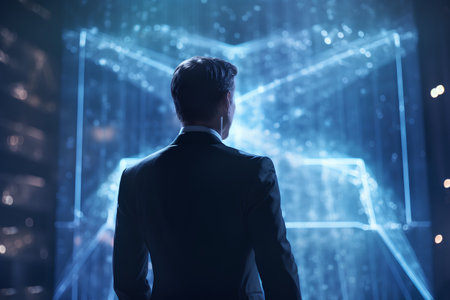 Back view of young businessman looking at abstract glowing background. Future conceptの素材
