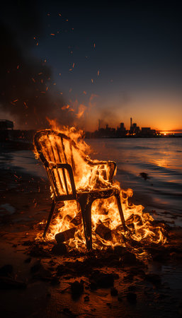 Burning fire on the beach at night with a chair in the foregroundの素材