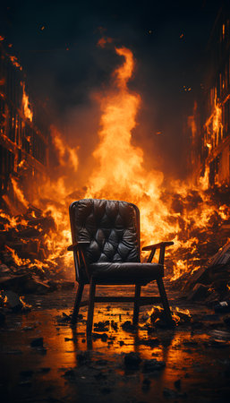 Black leather armchair in front of burning building. 3D renderingの素材