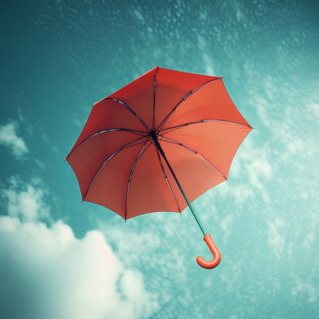 Red umbrella on a blue sky background. 3d render illustration.の素材