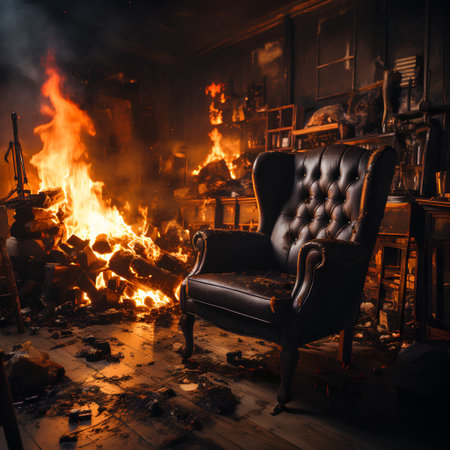 Abandoned interior of an old house. Fire and smoke.の素材