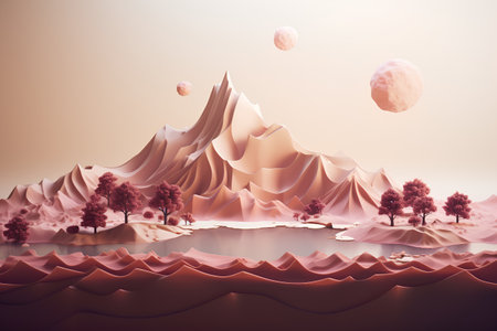 Fantasy landscape with mountains and lake. 3d render illustration.の素材