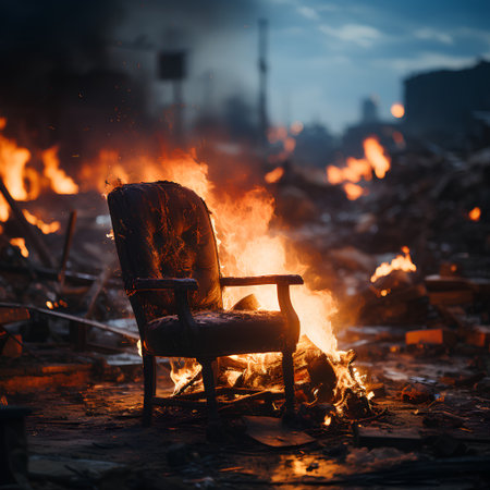 Burning old wooden chair in the middle of a fire. Fire in the city.の素材