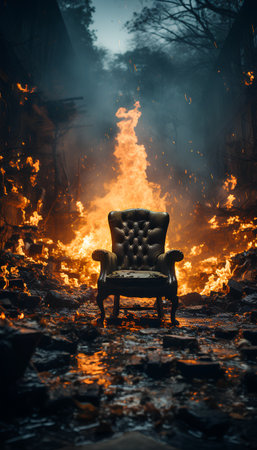 Burning house with armchair in the middle of the forest.の素材