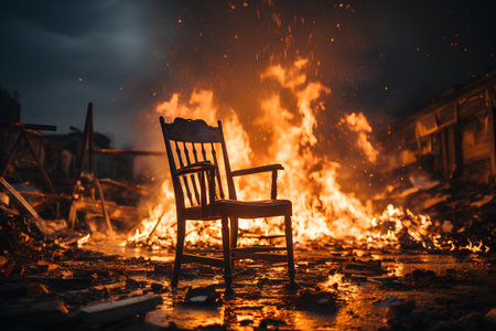 Burning wooden chair on the background of a large bonfire.の素材