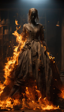 Beautiful young woman in a medieval dress with a mask against the background of fireの素材