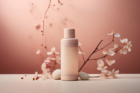 Blank cosmetic bottle with spring blossom background. 3d renderingの素材