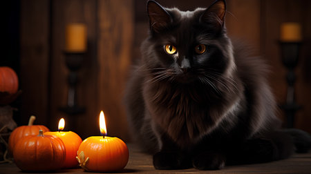 Black cat with candles and pumpkins on wooden background. Halloween concept.の素材