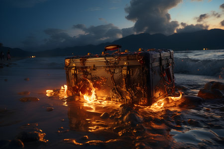 Vintage suitcase on the beach at sunset. 3d rendering.の素材