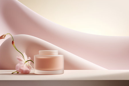 3d render of cosmetic cream jar with flower on pink background.の素材