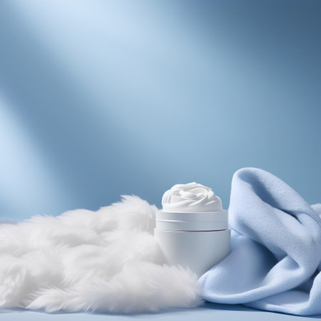 cosmetic cream in white jar on blue background with white fluffy cloudsの素材