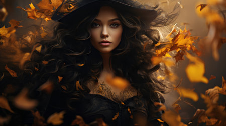Beautiful woman in black dress and hat with autumn leaves. Halloween.の素材