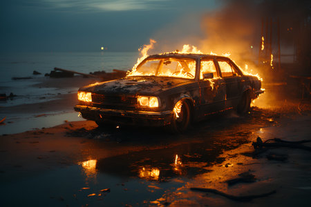Burning car on the beach at sunset. Fire in the car.の素材