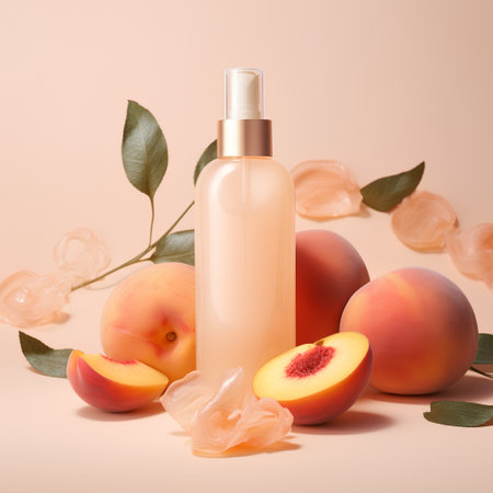 Cosmetic bottle with peach extract and peaches on beige backgroundの素材