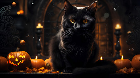 Halloween black cat sitting in a dark room with pumpkins and candlesの素材
