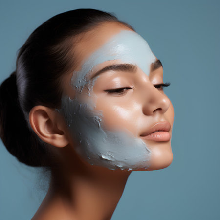 Beautiful young woman with clay facial mask on blue background. Beauty and skin care concept.の素材