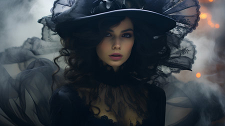 Portrait of a beautiful gothic woman in a black hat. Halloween.の素材