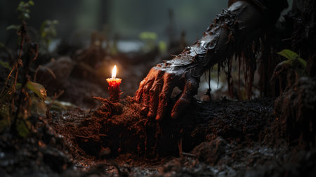 Hands of a witch with a burning candle in the forest. Halloween concept.の素材