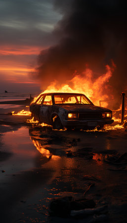 Burning car on the beach at sunset. Burning car in the sea.の素材