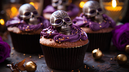 Halloween cupcakes with purple icing and sugar skulls on dark backgroundの素材