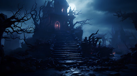 Halloween background with scary spooky castle and stairs. 3d renderingの素材