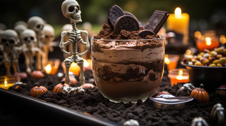 Classic tiramisu dessert in a glass on Halloween decoration background with copy space.の素材