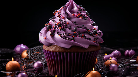 Easter cupcake with purple icing and chocolate sprinkles on black backgroundの素材