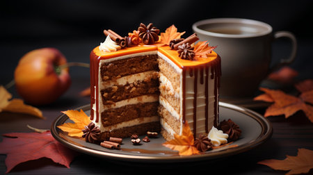 Caramel cake with caramel glaze and cup of coffee on black backgroundの素材