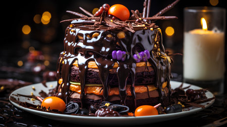 Chocolate cake with chocolate glaze and candies on dark backgroundの素材