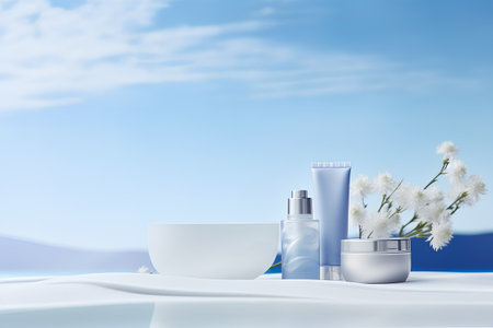 cosmetic cream and lotion product with white flowers on blue sky backgroundの素材