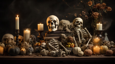 Still life with human skull, pumpkins, candles and books. Halloween concept.の素材