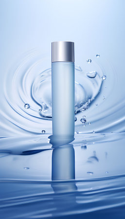 3D render of cosmetic bottle with water splash on blue background.の素材