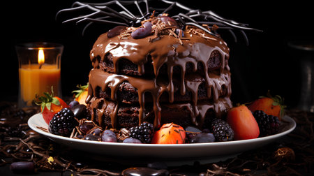 Chocolate cake with berries on a black background. Selective focus.の素材