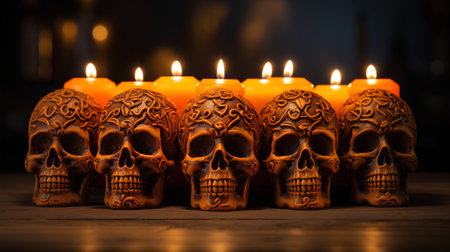 Skulls with burning candles on wooden table. Halloween background.の素材