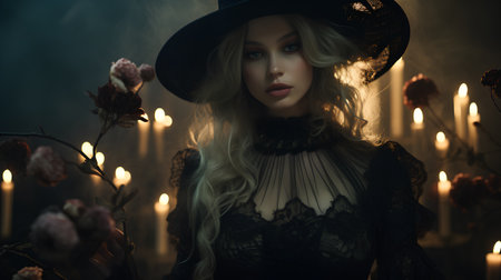 Portrait of a beautiful woman in a black hat and lace dress. Halloween.の素材