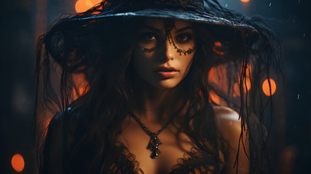 Portrait of a beautiful young woman in a witch costume. Halloween.の素材