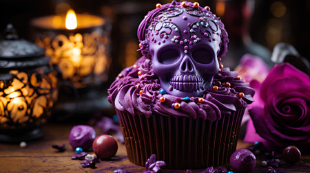 Halloween cupcakes decorated with purple sugar skull and flowers on dark backgroundの素材
