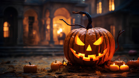 Halloween pumpkins with burning candles on the background of the old cemeteryの素材