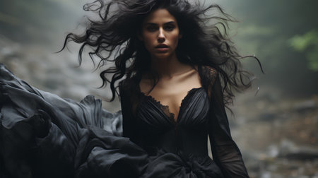 Portrait of beautiful brunette woman in black dress with flying hairの素材