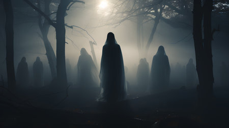 Mysterious dark forest in a fog. 3D rendering.の素材